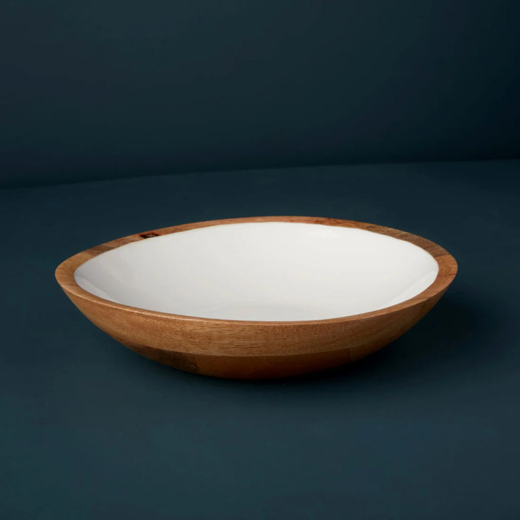 Mango Wood & White Enamel Shallow Bowl Medium