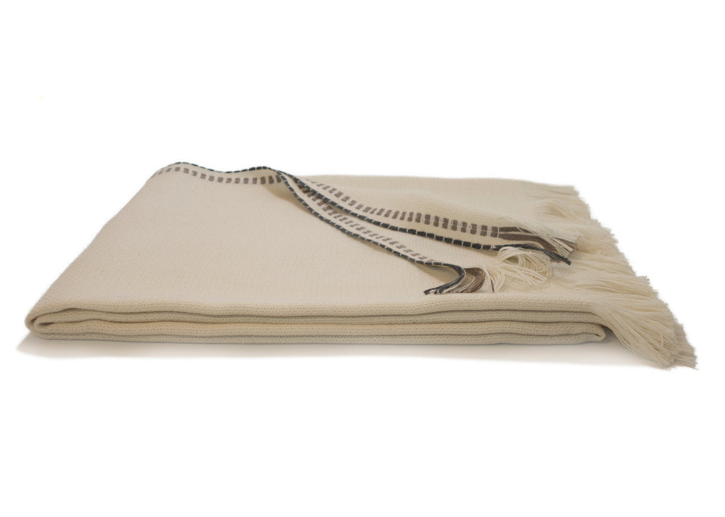 Cream Baby Alpaca Fringe Throw with Tan and Grey Stitch