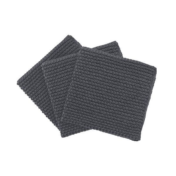 Set of 3 Knitted Cotton Dish Cloths in Charcoal