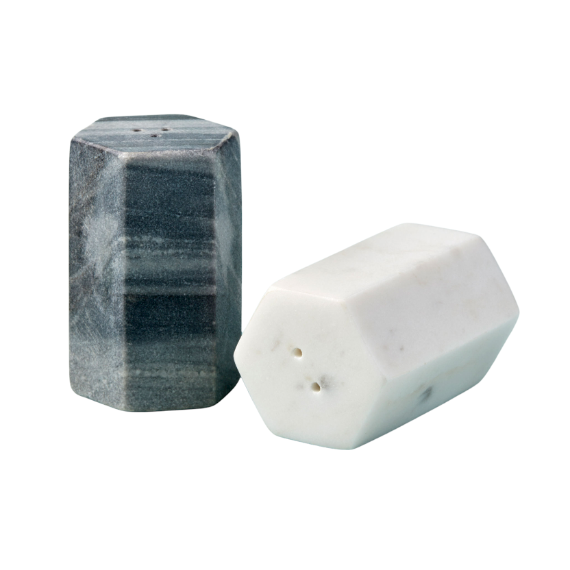 Hexagonal White and Gray Marble Salt and Pepper Shakers